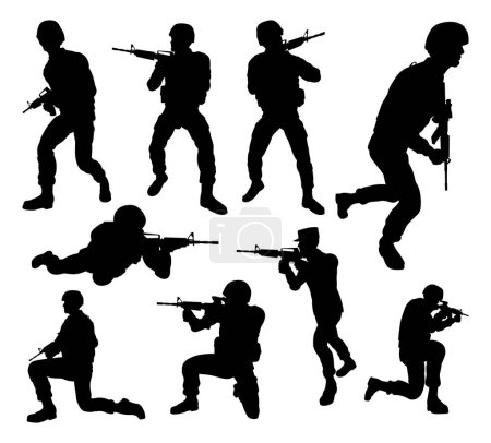 Ilustración de Un conjunto de siluetas detalladas de alta calidad de un soldado del ejército militar - Imagen libre de derechos