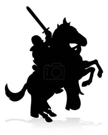 Illustration for A silhouette knight holding a sword and shield on the back of horse - Royalty Free Image