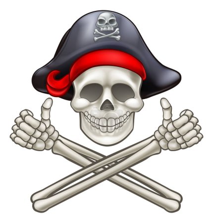 Téléchargez les illustrations : Pirate Jolly Roger crâne et os croisés donnant un pouce vers le haut - en licence libre de droit