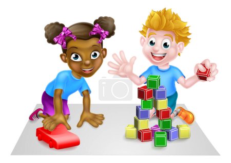 Illustration for Cartoon white boy and black girl playing with toys, with car and toy building blocks - Royalty Free Image