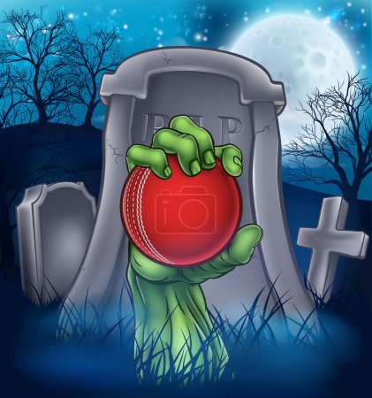 Illustration for A sports Halloween graveyard illustration with a zombie hand breaking out of a grave holding a cricket ball. - Royalty Free Image