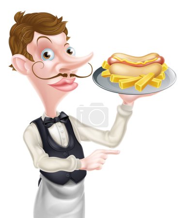 Téléchargez les illustrations : Illustration d'un serveur de dessin animé Butler tenant un hot-dog pointant du doigt - en licence libre de droit