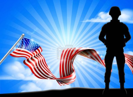 Illustration for A patriotic soldier standing in front of an American flag background - Royalty Free Image