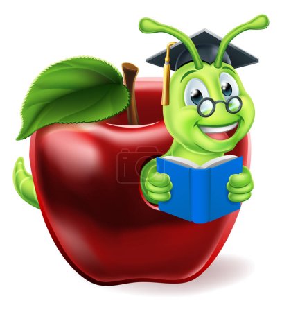 Un gusano de biblioteca oruga linda mascota de la educación personaje de dibujos animados que sale de una manzana leyendo un libro con sombrero de graduación y gafas