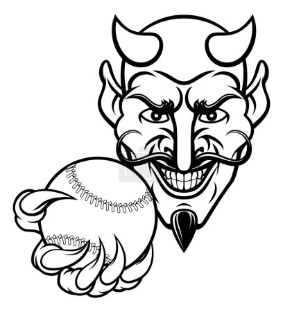 Ilustración de Un personaje de dibujos animados diablo mascota deportiva sosteniendo una pelota de béisbol - Imagen libre de derechos
