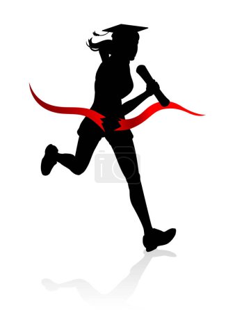 Ilustración de Un concepto educativo de una corredora en una carrera que lleva un sombrero de mortero de graduación y sostiene un diploma de pergamino mientras atraviesa la línea de meta. - Imagen libre de derechos