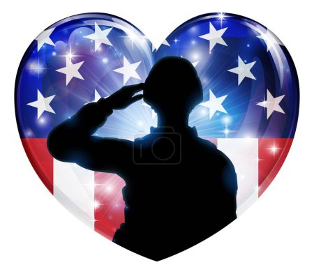 Ein patriotischer Soldat grüßt im Hintergrund einer amerikanischen Flagge