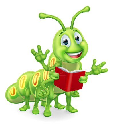 Ilustración de Un lindo gusano de biblioteca oruga gusano de dibujos animados personaje educación mascota leer un libro - Imagen libre de derechos