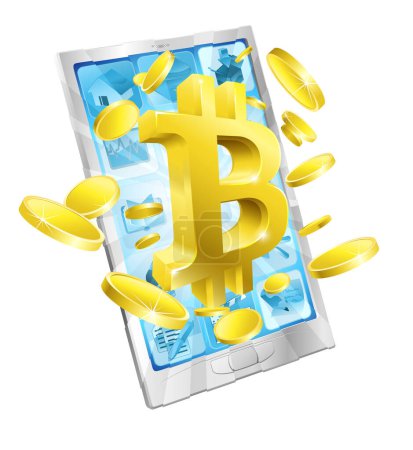 Téléchargez les illustrations : Téléphone mobile Bitcoin symbole signe et pièces d'or concept - en licence libre de droit