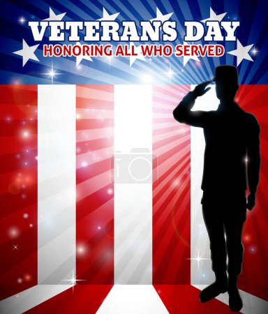 Illustration for American saluting soldier with a patriotic Veterans Day red, white and blue flag background - Royalty Free Image