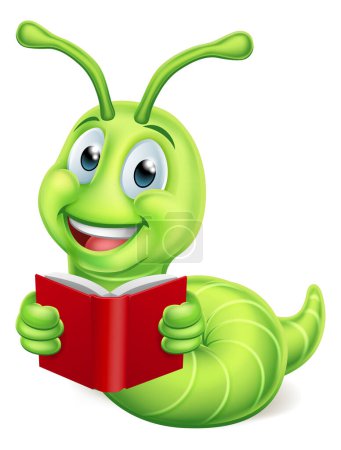 Téléchargez les illustrations : Une jolie chenille vers de bibliothèque personnage de bande dessinée éducation mascotte lecture d'un livre - en licence libre de droit