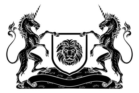 Ilustración de Un escudo de armas heráldico medieval emblema de la cresta con los partidarios del unicornio escudo que flanquea - Imagen libre de derechos