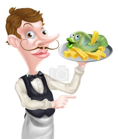 Téléchargez les illustrations : Illustration d'un serveur de bande dessinée Butler tenant des poissons et des jetons - en licence libre de droit