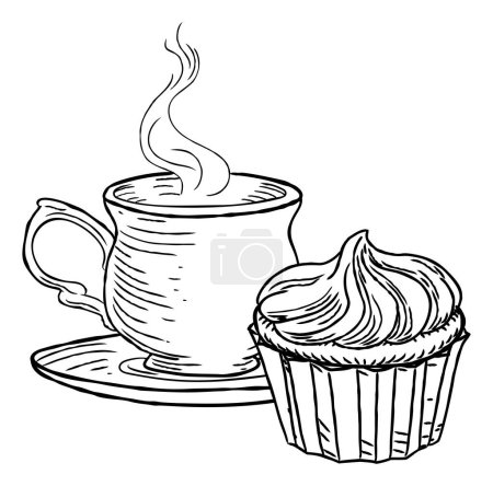 Ilustración de Una taza humeante de té o café y cupcake dibujar a mano en un estilo grabado o grabado en madera vintage retro. - Imagen libre de derechos