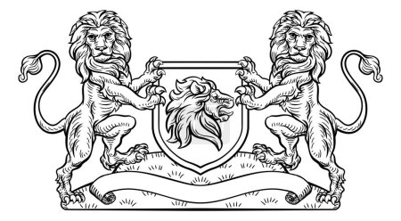 Téléchargez les illustrations : Un emblème héraldique médiéval armoiries mettant en vedette des défenseurs d'animaux lion gardiens endémiques flanquant une charge de bouclier dans un style de bloc de bois vintage. - en licence libre de droit