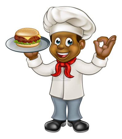 Téléchargez les illustrations : Un personnage de dessin animé chef tenant un hamburger au fromage ou un hamburger sur une assiette - en licence libre de droit