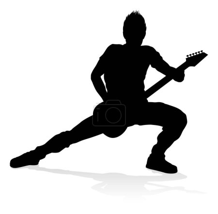 Téléchargez les illustrations : Un guitariste musicien en silhouette détaillée jouant de son instrument de musique guitare. - en licence libre de droit