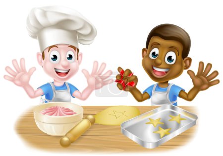 Ilustración de Dos chicos, uno negro, uno blanco, vestidos de chefs o panaderos horneando pasteles y galletas - Imagen libre de derechos