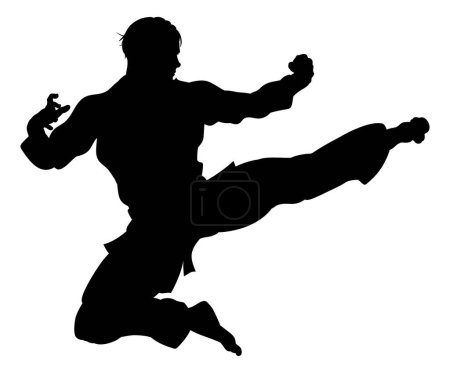 Ilustración de Un karate o kung fu artista marcial entrega una patada voladora con gi en silueta - Imagen libre de derechos