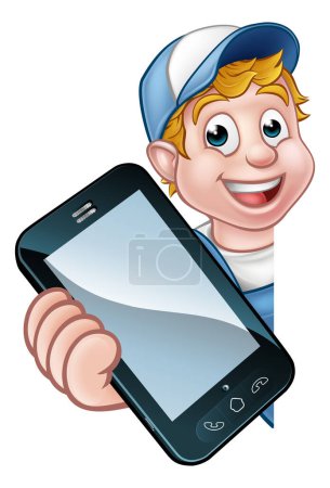 Téléchargez les illustrations : Un bricoleur ou un mécanicien tenant un téléphone avec un copyspace - en licence libre de droit