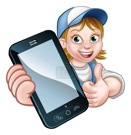 Illustration for A plumber, mechanic or handyman holding a phone with copyspace and giving thumbs up - Royalty Free Image