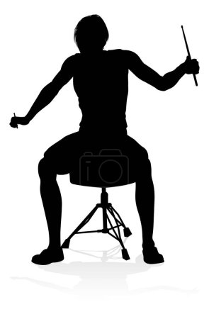 Ilustración de Un músico baterista tocando tambores en silueta detallada - Imagen libre de derechos