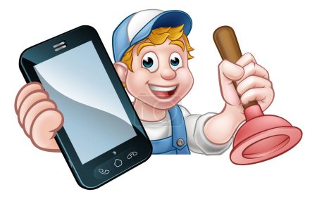 Ilustración de Un fontanero o un manitas sosteniendo un émbolo y un teléfono con copyspace - Imagen libre de derechos