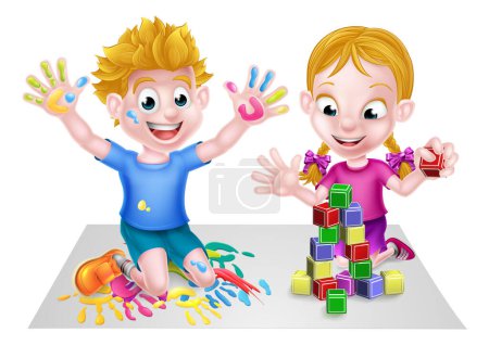Illustration for Cartoon boy and girl, could be brother and sister, playing with toys, with paints and toy building blocks - Royalty Free Image