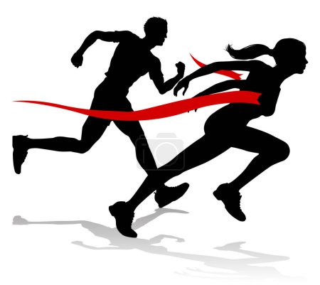 Téléchargez les illustrations : Coureurs de silhouette dans un circuit et une épreuve d'athlétisme franchissant la ligne d'arrivée - en licence libre de droit