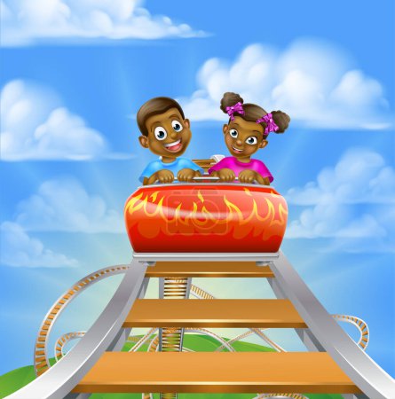 Téléchargez les illustrations : Enfants de bande dessinée chevauchant sur une balade en montagnes russes dans un parc à thème ou un parc d'attractions - en licence libre de droit