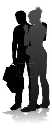 Téléchargez les illustrations : Silhouette d'un jeune homme et d'une jeune femme, probablement un couple ou un mari et une femme faisant du shopping tenant des sacs de vente au détail - en licence libre de droit