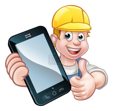 Illustration for A plumber or handyman holding a phone with copyspace and giving thumbs up - Royalty Free Image