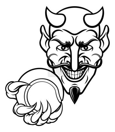 Ilustración de Un personaje de dibujos animados diablo mascota deportiva sosteniendo una pelota de tenis - Imagen libre de derechos
