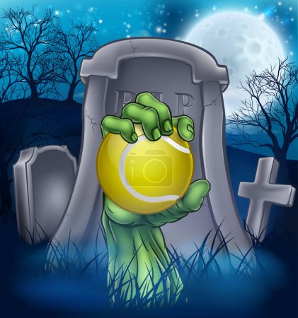 Illustration for A sports Halloween graveyard illustration with a zombie hand breaking out of a grave holding a tennis ball. - Royalty Free Image