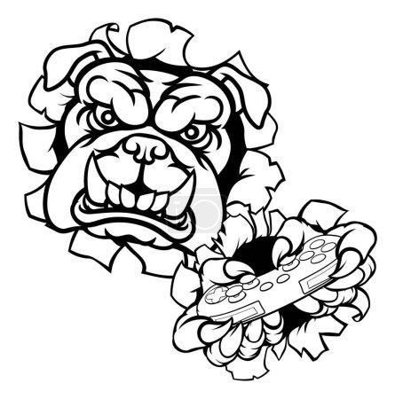 Illustration for A bulldog dog cartoon character player gamer esports sport mascot holding a video games controller and ripping through the background - Royalty Free Image