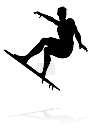 Téléchargez les illustrations : A high quality detailed silhouette of a surfer surfing the waves on his surfboard - en licence libre de droit