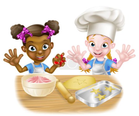 Téléchargez les illustrations : Deux enfants de fille de dessin animé, un noir un blanc, habillés en chefs ou boulangers pâtissiers gâteaux et biscuits - en licence libre de droit