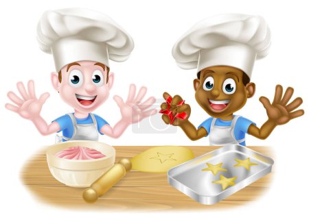 Ilustración de Dos niños pequeños, uno negro y uno blanco, vestidos de chefs o panaderos horneando pasteles y galletas - Imagen libre de derechos