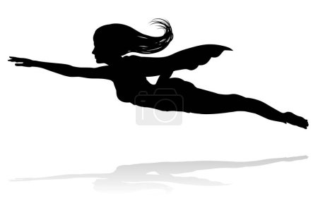 Téléchargez les illustrations : Une femme caped super-héros volant en silhouette - en licence libre de droit