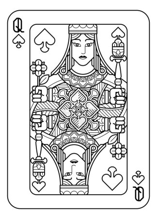 Ilustración de Una carta de juego Queen of Spades en blanco y negro a partir de un nuevo diseño original completo de la baraja. Tamaño estándar del póker. - Imagen libre de derechos