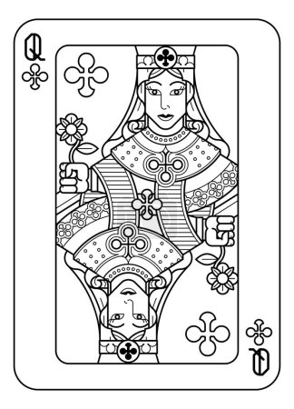Ilustración de Una carta de juego Queen of Clubs en blanco y negro a partir de un nuevo diseño original completo de la baraja. Tamaño estándar del póker. - Imagen libre de derechos