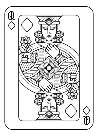 Ilustración de Una carta de juego Reina de Diamantes en blanco y negro a partir de un nuevo diseño original completo de la baraja. Tamaño estándar del póker. - Imagen libre de derechos