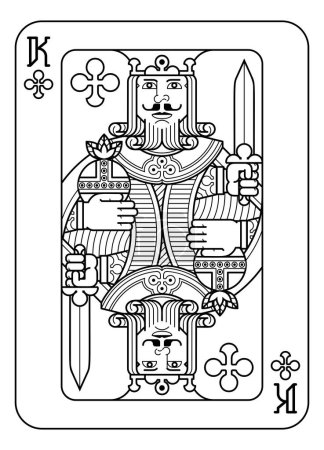 Ilustración de Un rey de naipes de Clubes en blanco y negro a partir de un nuevo diseño original de baraja completa. Tamaño estándar del póker. - Imagen libre de derechos
