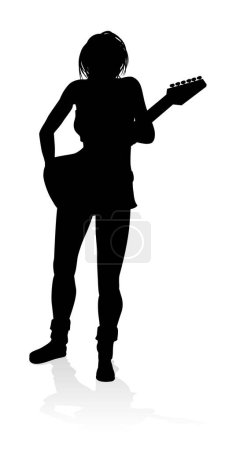 Ilustración de Una guitarrista musical en silueta detallada tocando su instrumento musical de guitarra. - Imagen libre de derechos