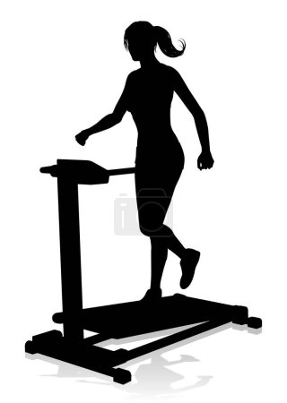 Téléchargez les illustrations : Une femme en silhouette utilisant une machine de course tapis roulant appareil de fitness - en licence libre de droit
