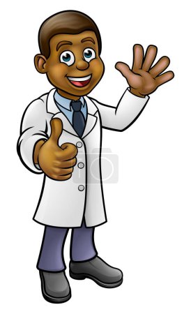 A cartoon scientist professor wearing lab white coat waving and giving a thumbs up