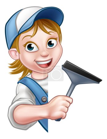 Téléchargez les illustrations : Une femme nettoyeur de vitres tenant un outil à main raclette et regardant autour de derrière un signe - en licence libre de droit