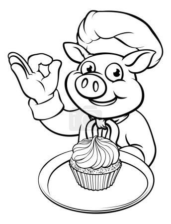 Téléchargez les illustrations : Un chef de porc de dessin animé ou un personnage de mascotte de boulanger tenant un gâteau de tasse de fée et faisant un geste de main parfait - en licence libre de droit