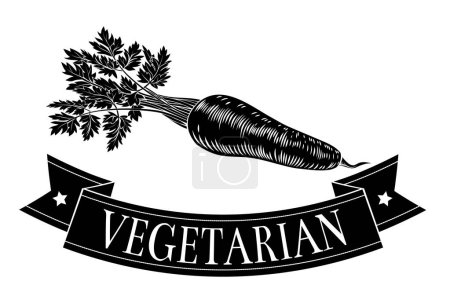 Téléchargez les illustrations : Un signe végétarien de carotte alimentaire dans un style vintage gravure sur bois - en licence libre de droit
