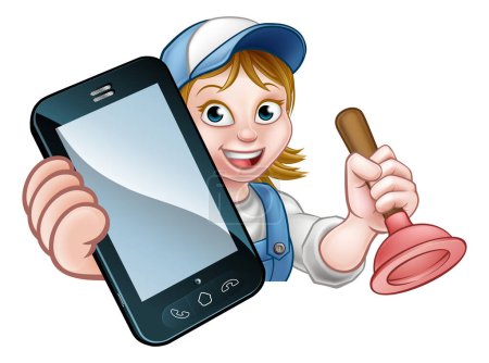 Ilustración de Un fontanero o un manitas sosteniendo un émbolo y un teléfono con copyspace - Imagen libre de derechos
